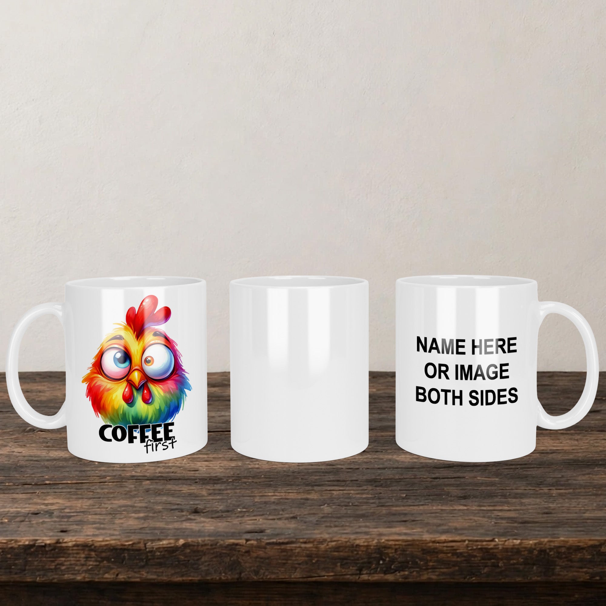 Coffee First Mug back view - white ceramic printed mug by Perrys Prints