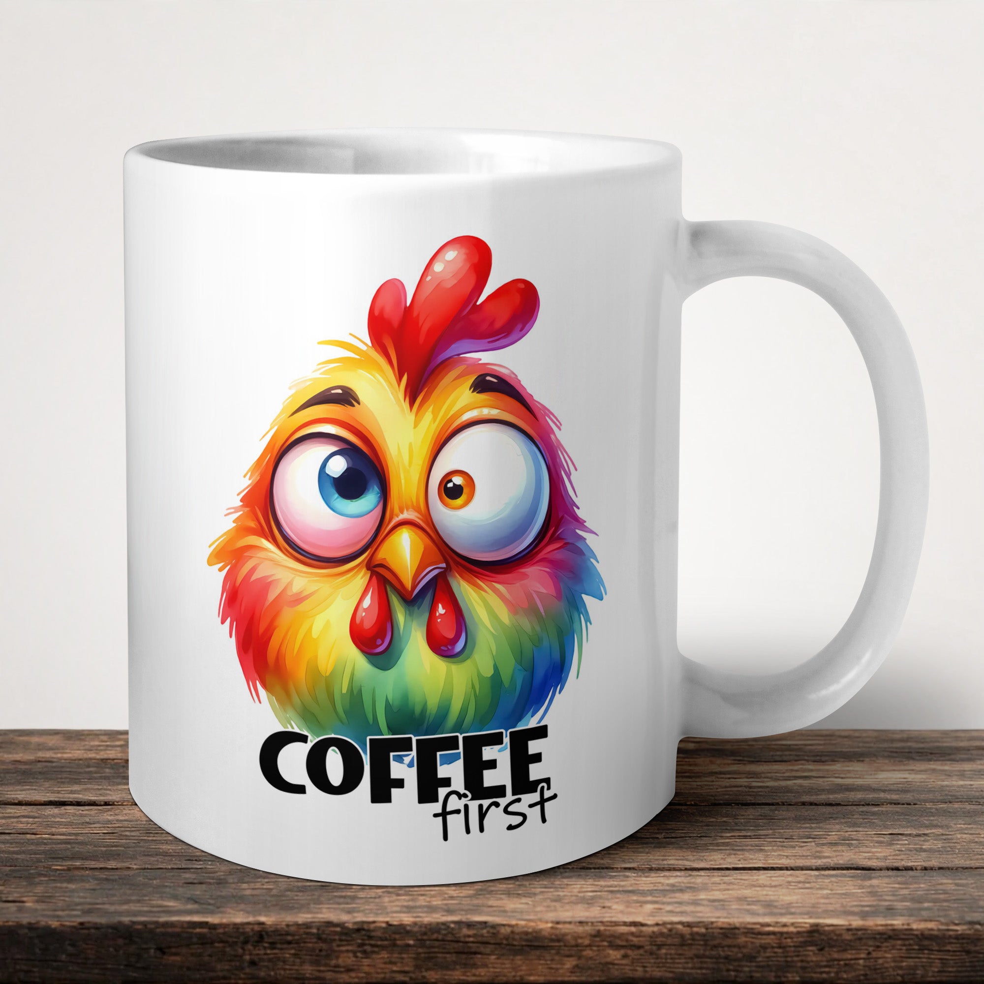 Coffee First Mug front view - white ceramic printed mug by Perrys Prints