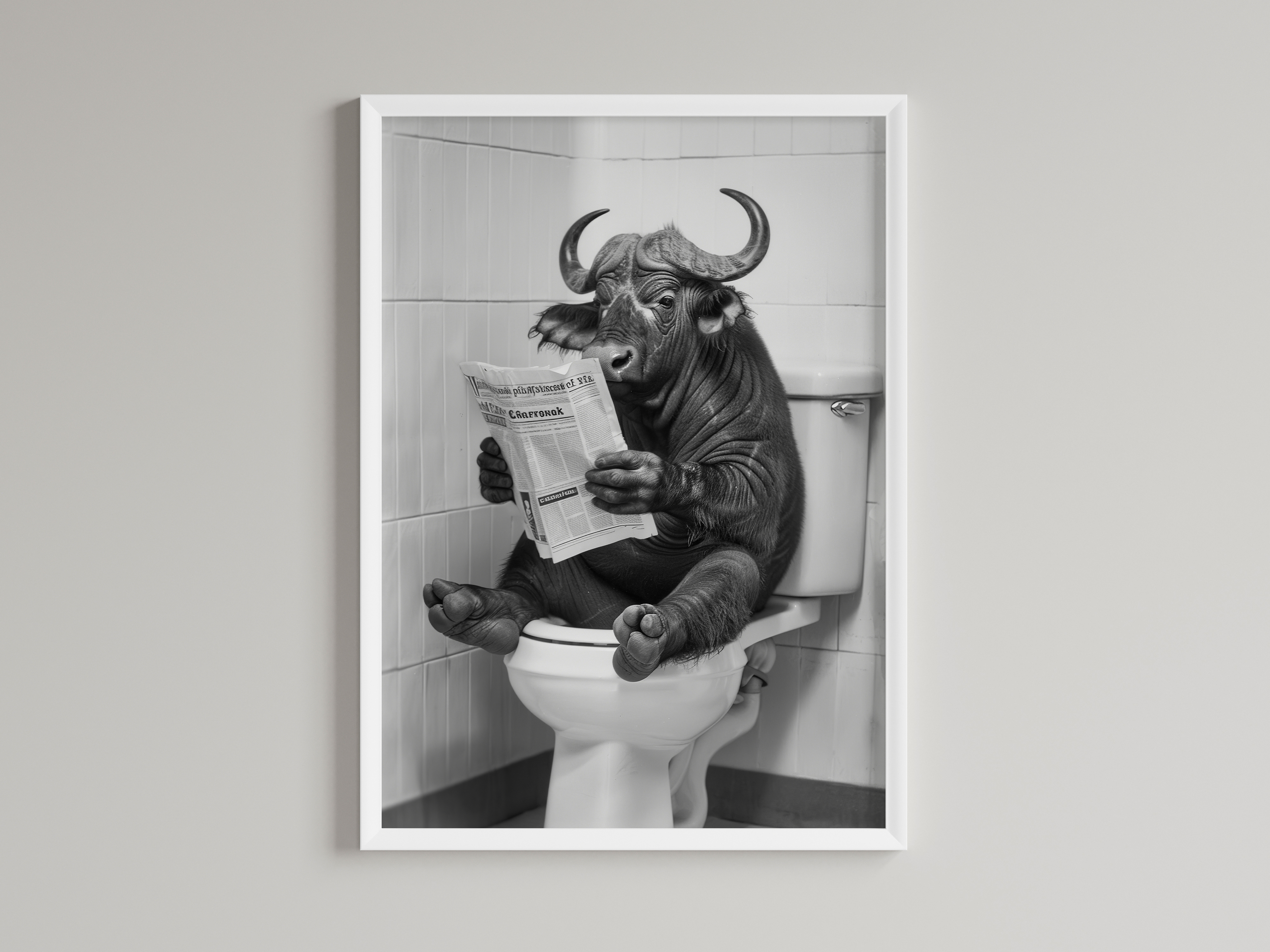 Cape Buffalo Black And White On Toilet Print