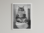 Cat Black And White On Toilet Print Wall Art Print back view - printed product by Perrys Prints
