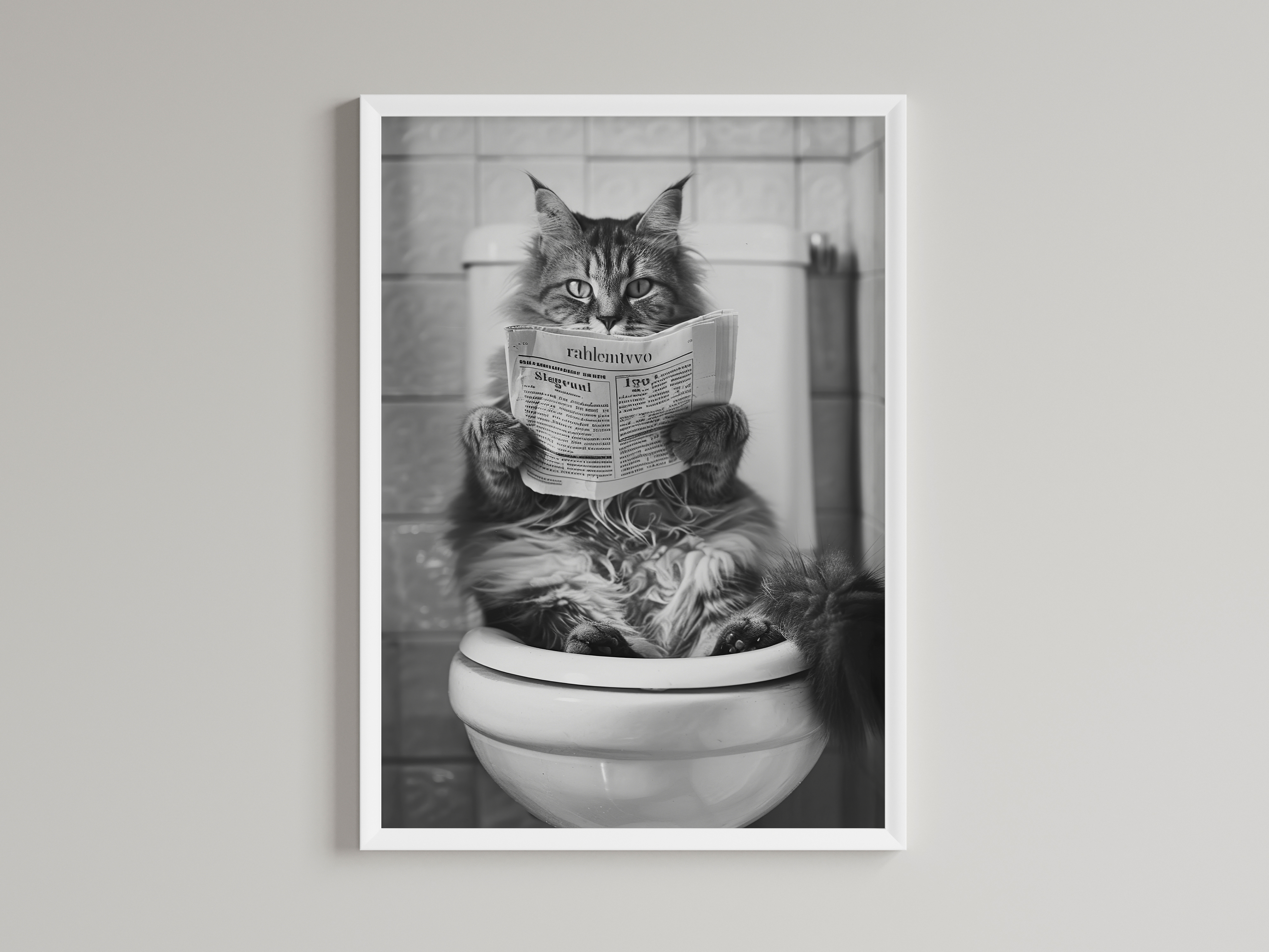 Cat Black And White On Toilet Print