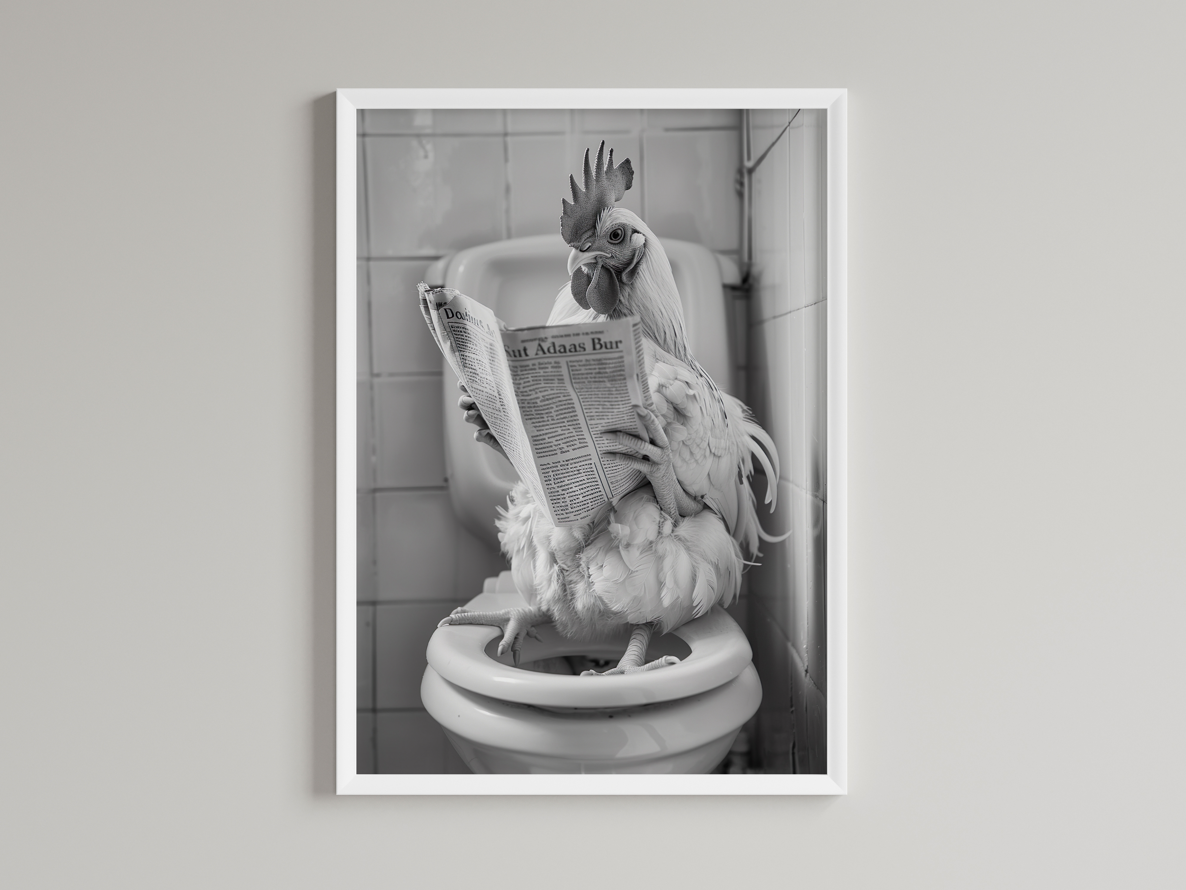 Chicken Black And White On Toilet Print