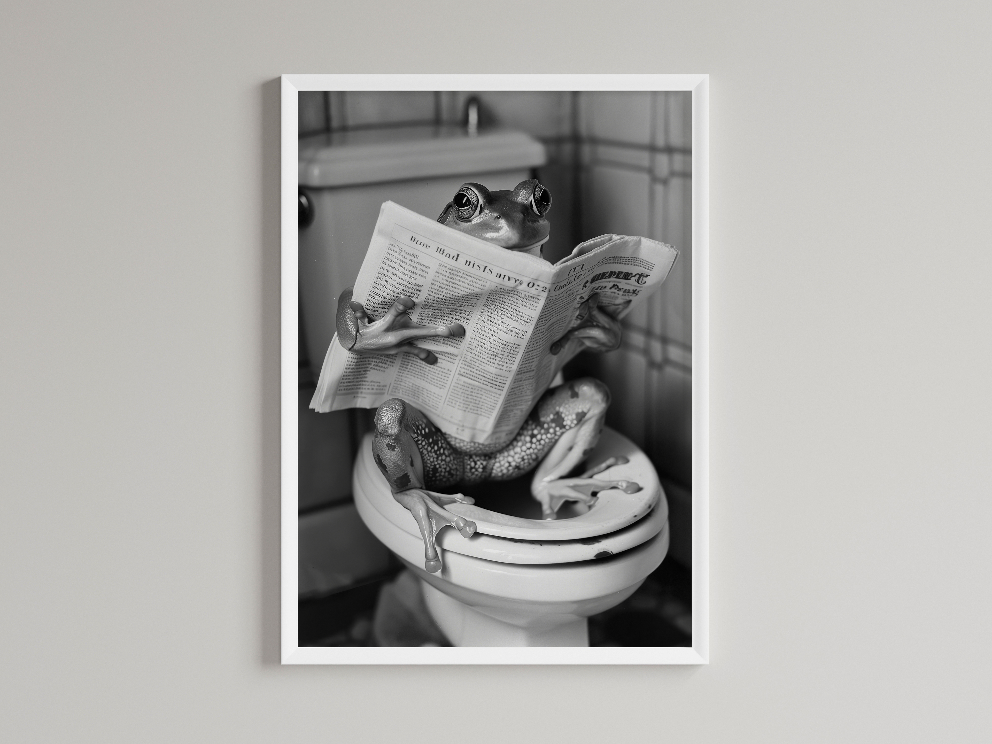 Frog Black And White On Toilet Print