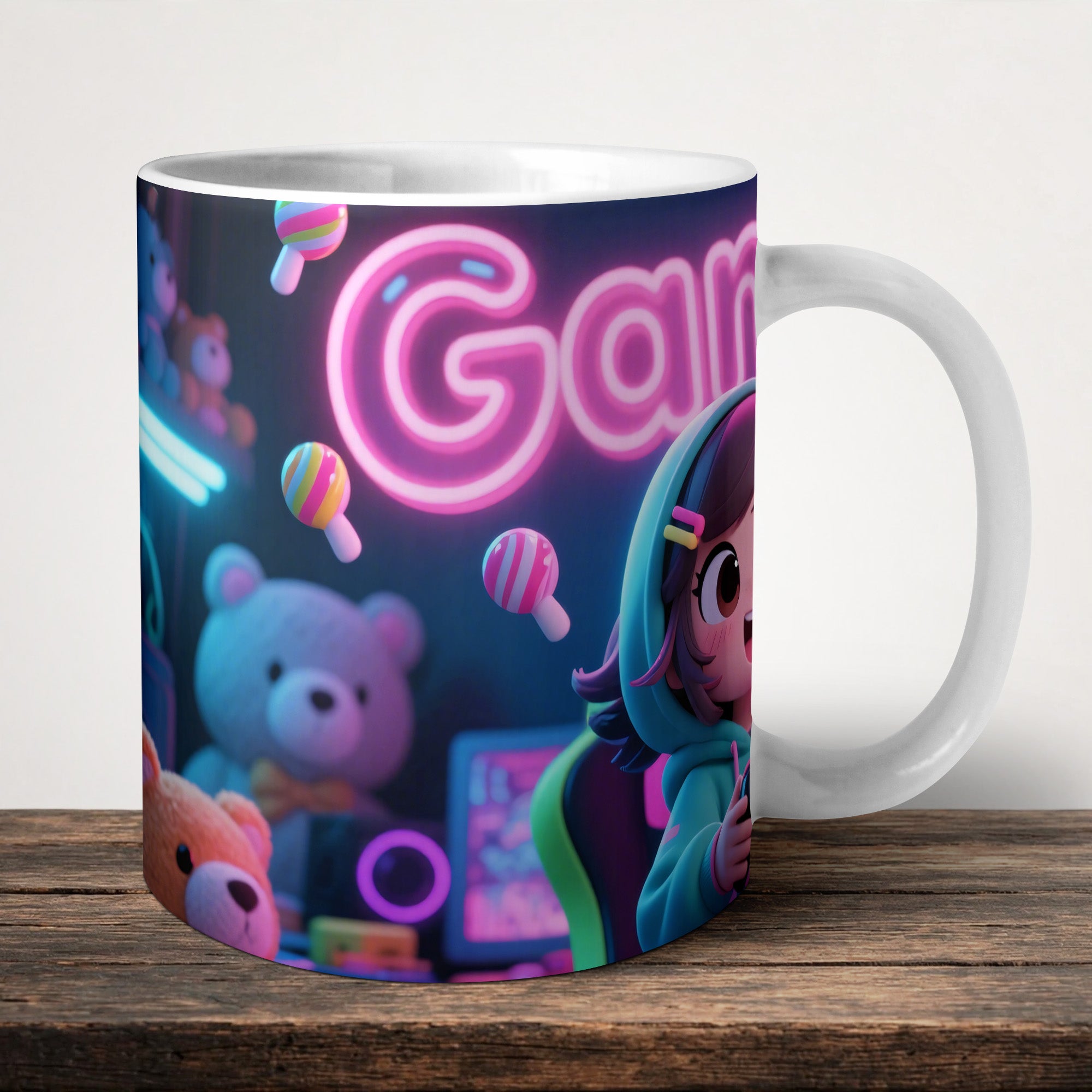 Gamer Girl Personalised Name Mug front view - white ceramic printed mug by Perrys Prints