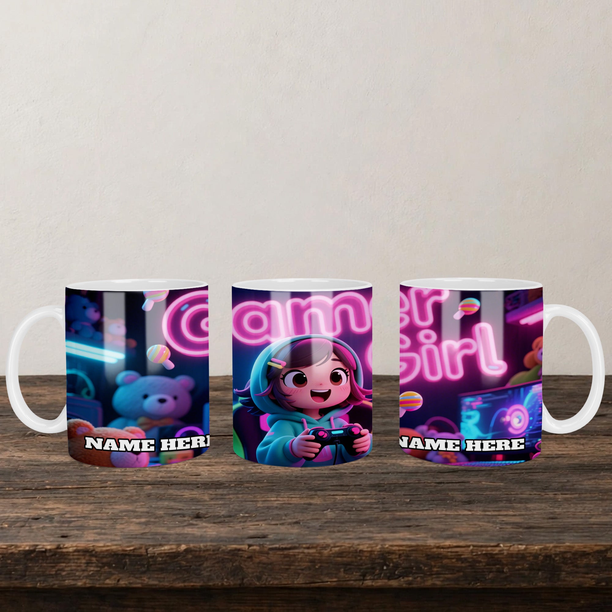 Gamer Girl Personalised Name Mug back view - white ceramic printed mug by Perrys Prints