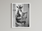 Giraffe Black And White On Toilet Print Wall Art Print back view - printed product by Perrys Prints
