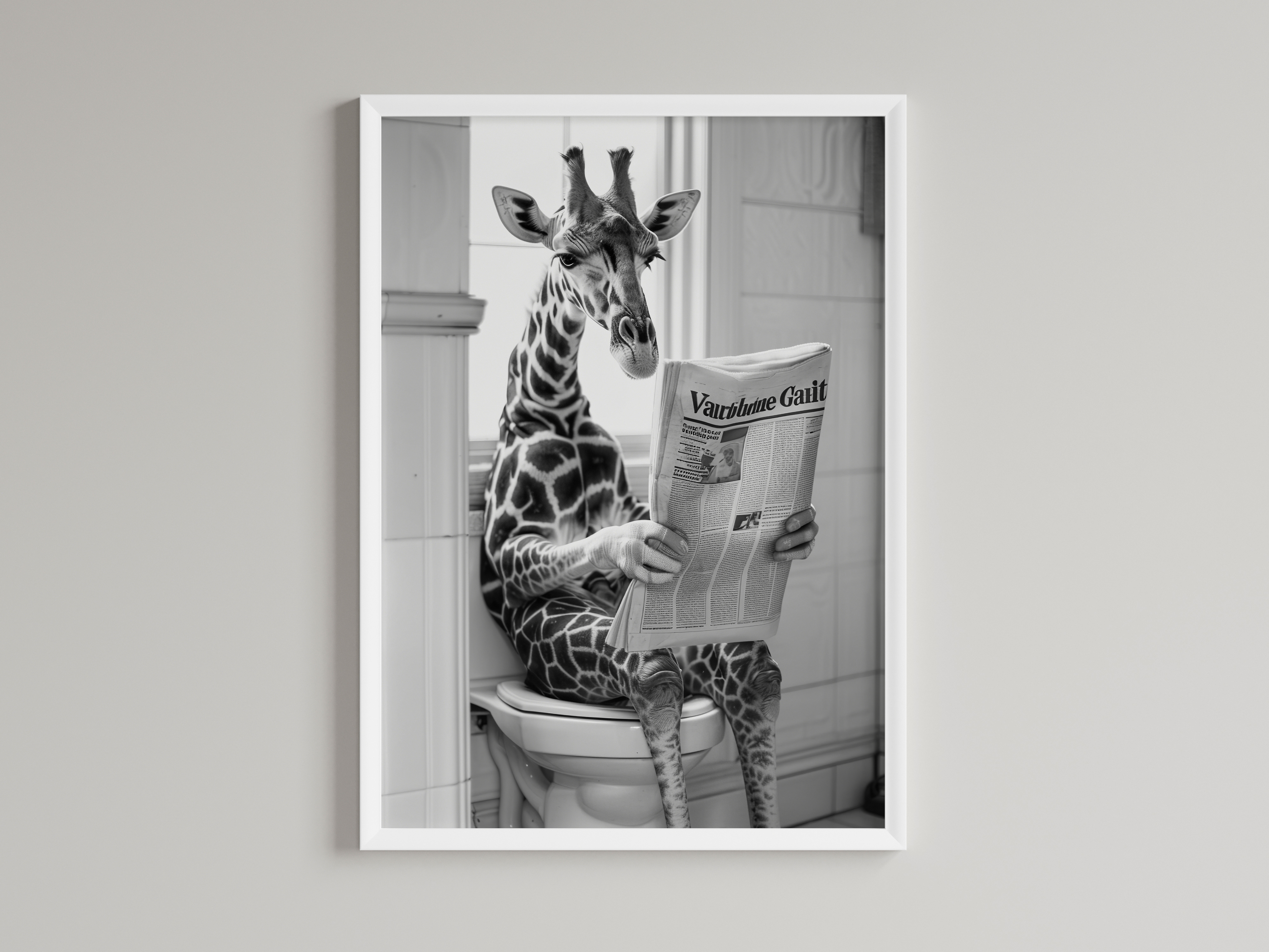 Giraffe Black And White On Toilet Print