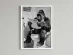 Gorilla Black And White On Toilet Print Wall Art Print back view - printed product by Perrys Prints