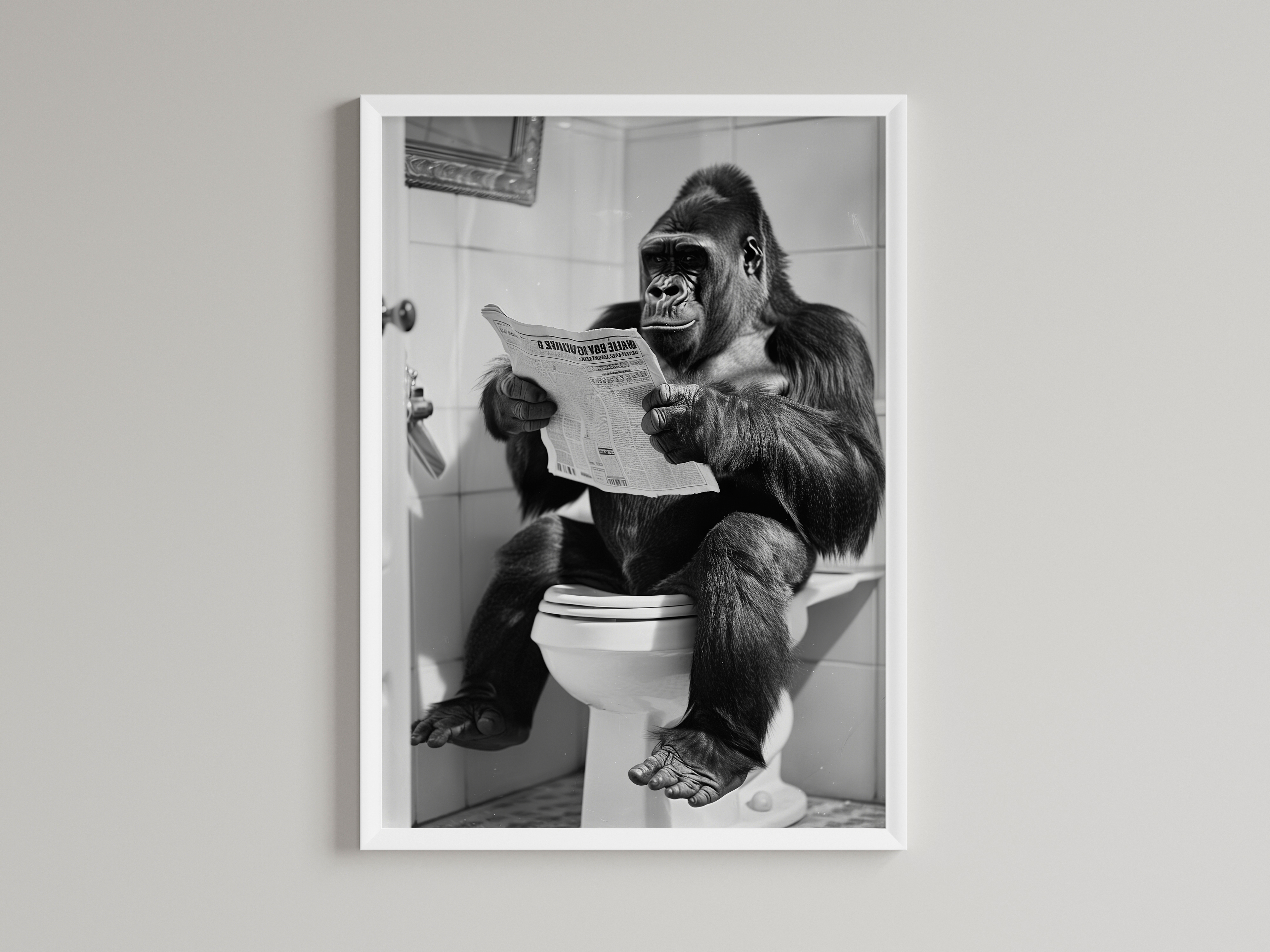 Gorilla Black And White On Toilet Print