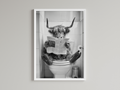 Highland Cow Black And White On Toilet Print
