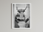 Highland Cow Black And White On Toilet Print Wall Art Print back view - printed product by Perrys Prints