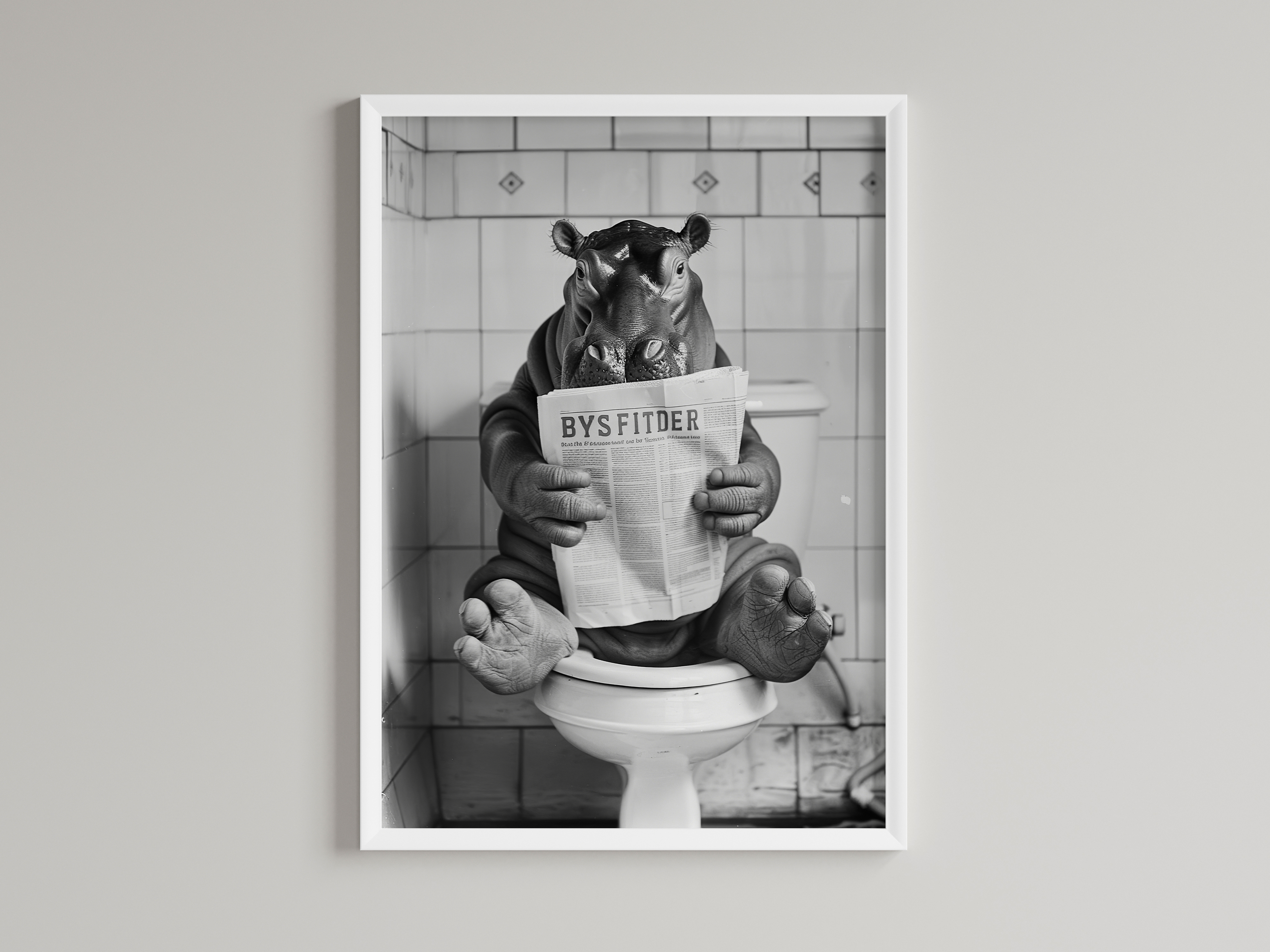 Hippo Black And White On Toilet Print
