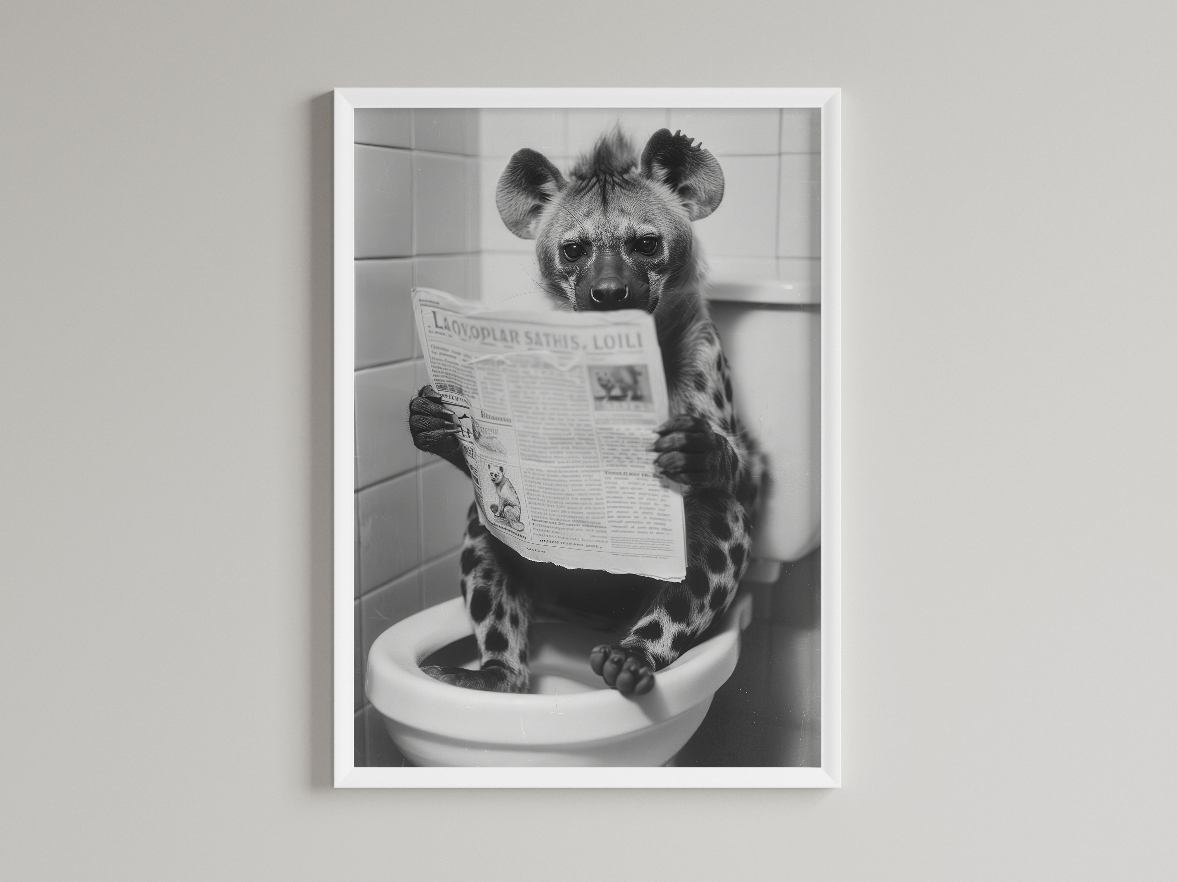Hyena Black And White On Toilet Print