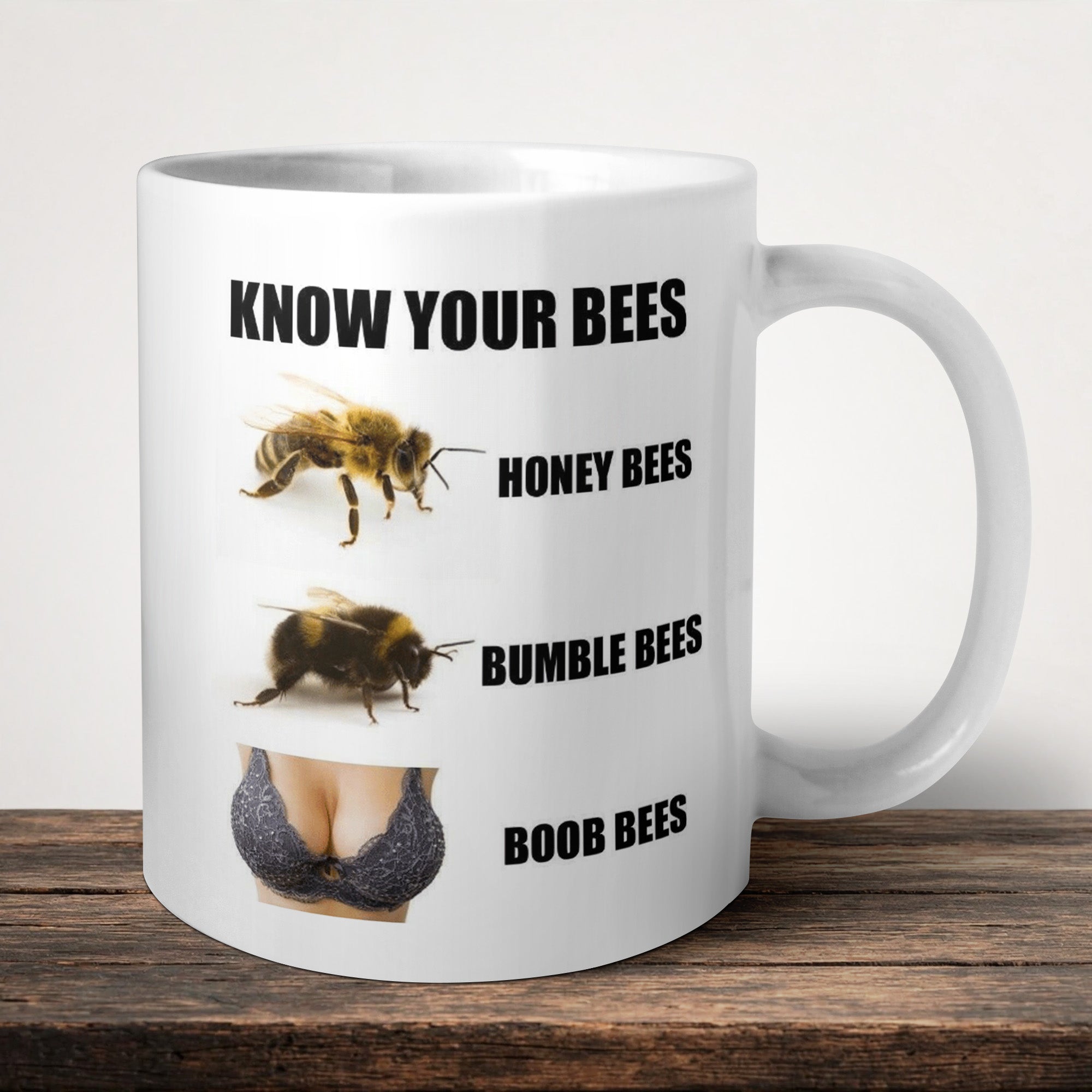 Know Your Bees Mug front view - white ceramic printed mug by Perrys Prints