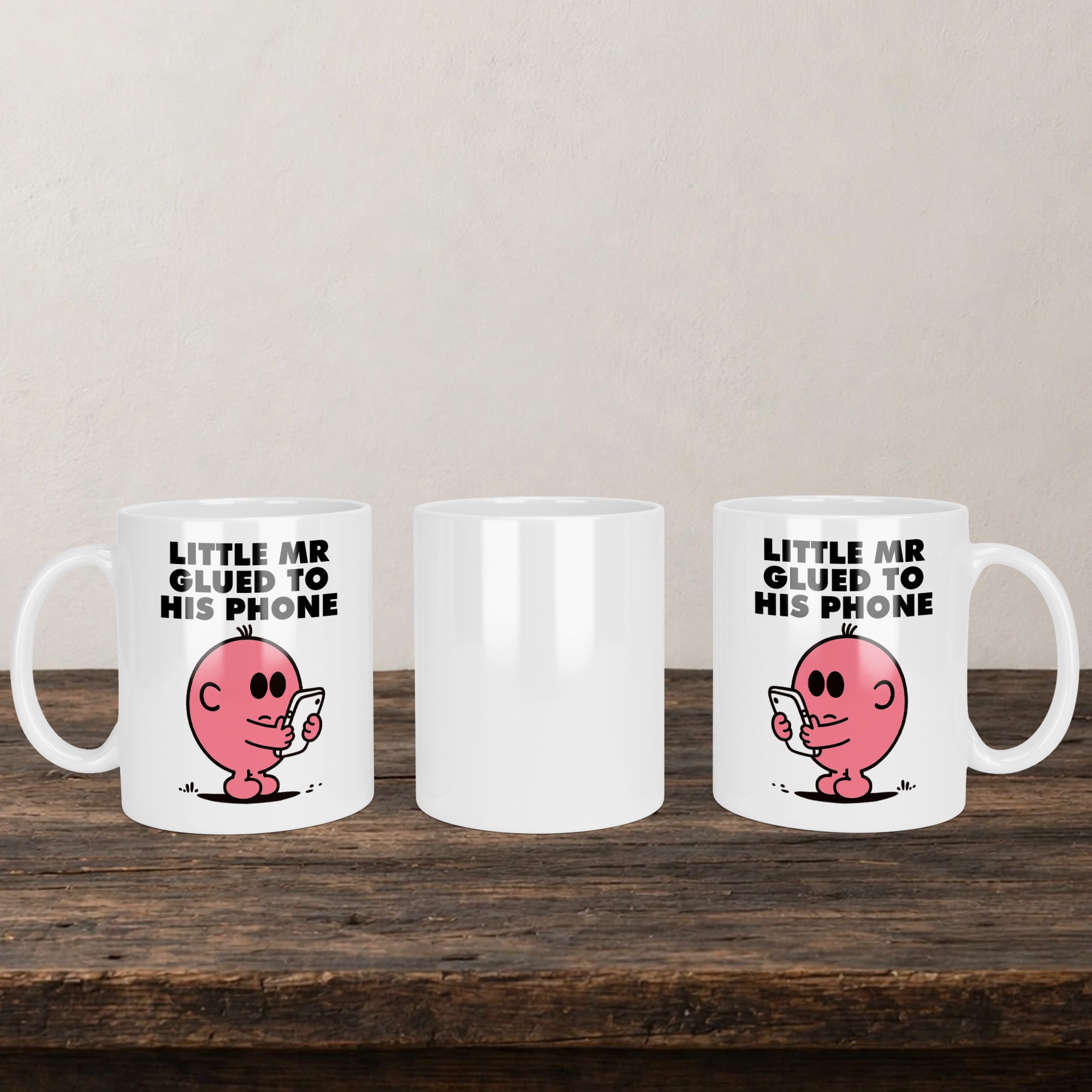 Little Mr Glued To His Phone Mug back view - printed product by Perrys Prints