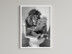 Lion Black And White On Toilet Print Wall Art Print back view - printed product by Perrys Prints
