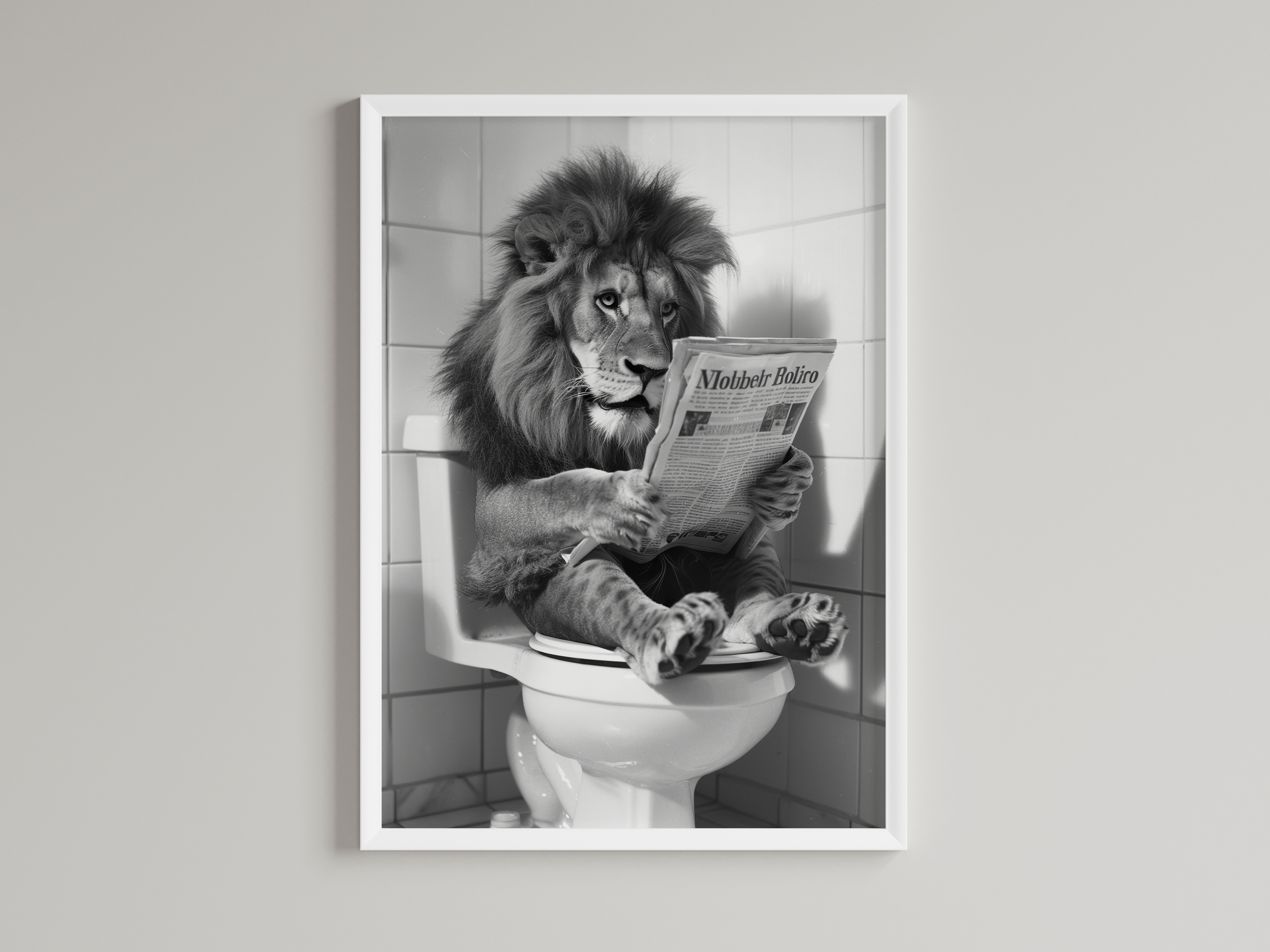 Lion Black And White On Toilet Print