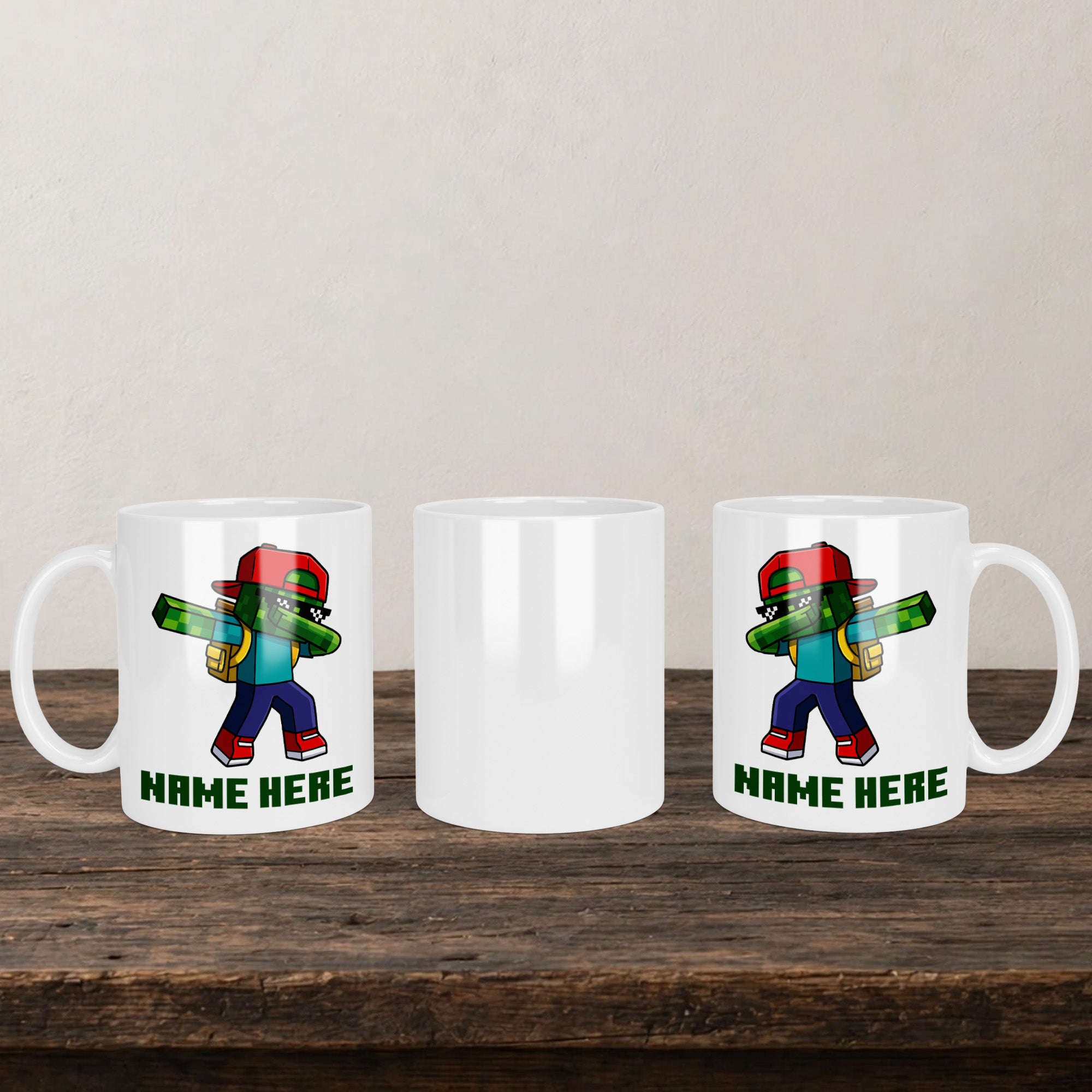Minecraft Inspired Personalised Gamer Mug back view - white ceramic printed mug by Perrys Prints