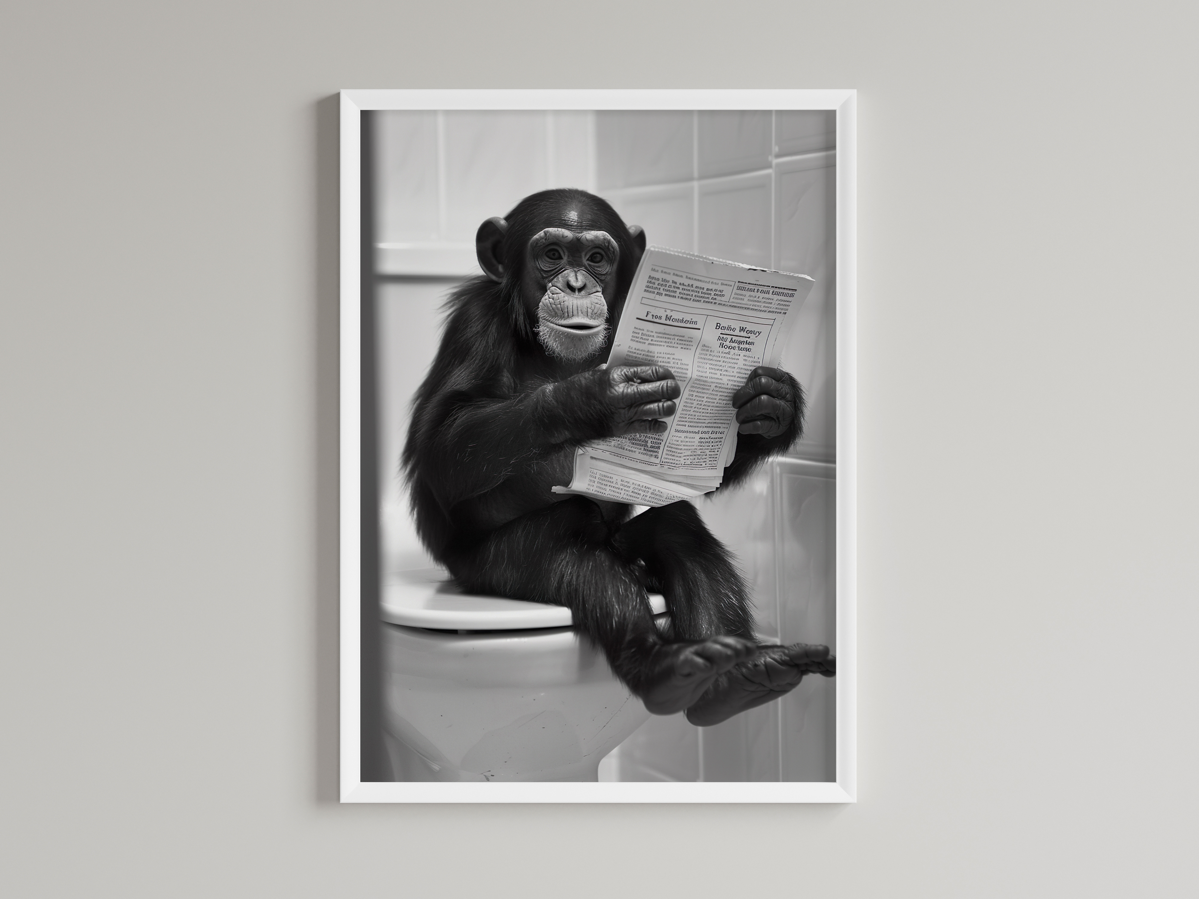 Monkey Black And White On Toilet Print