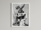 Moose Black And White On Toilet Print Wall Art Print back view - printed product by Perrys Prints