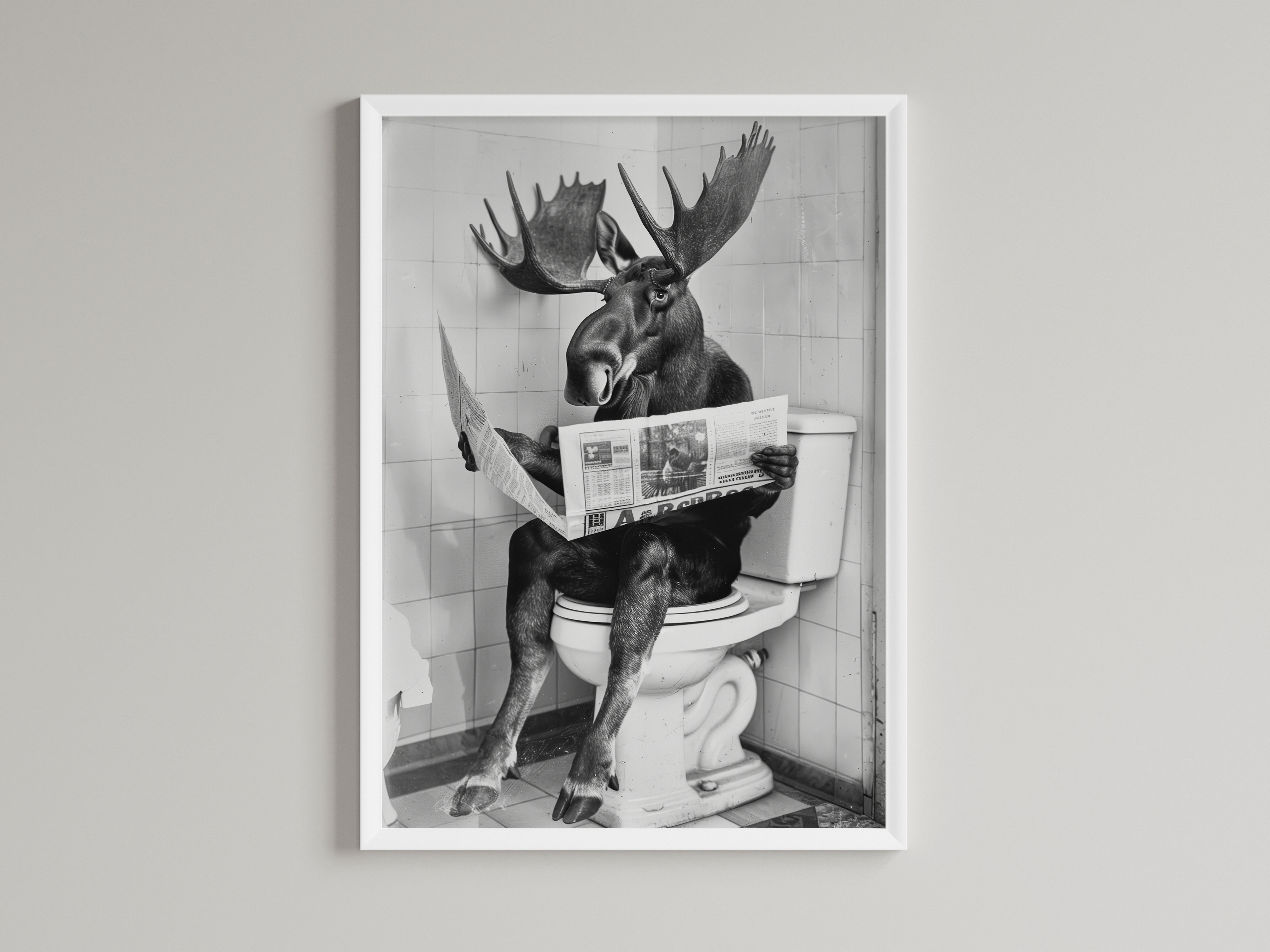 Moose Black And White On Toilet Print Wall Art Print back view - printed product by Perrys Prints