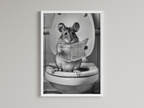 Mouse Black And White On Toilet Print Wall Art Print back view - printed product by Perrys Prints