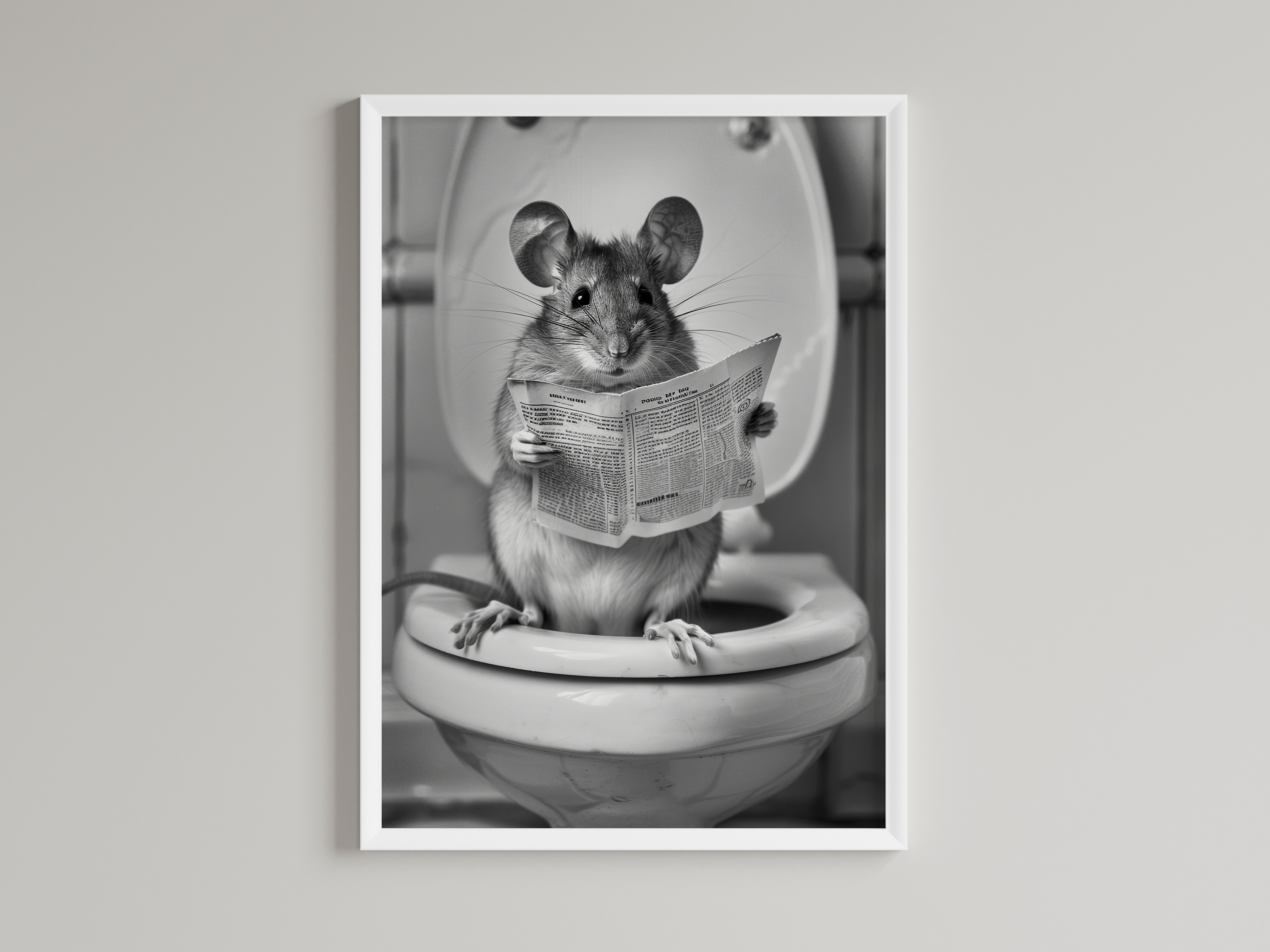 Mouse Black And White On Toilet Print
