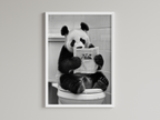 Panda Black And White On Toilet Print Wall Art Print back view - printed product by Perrys Prints