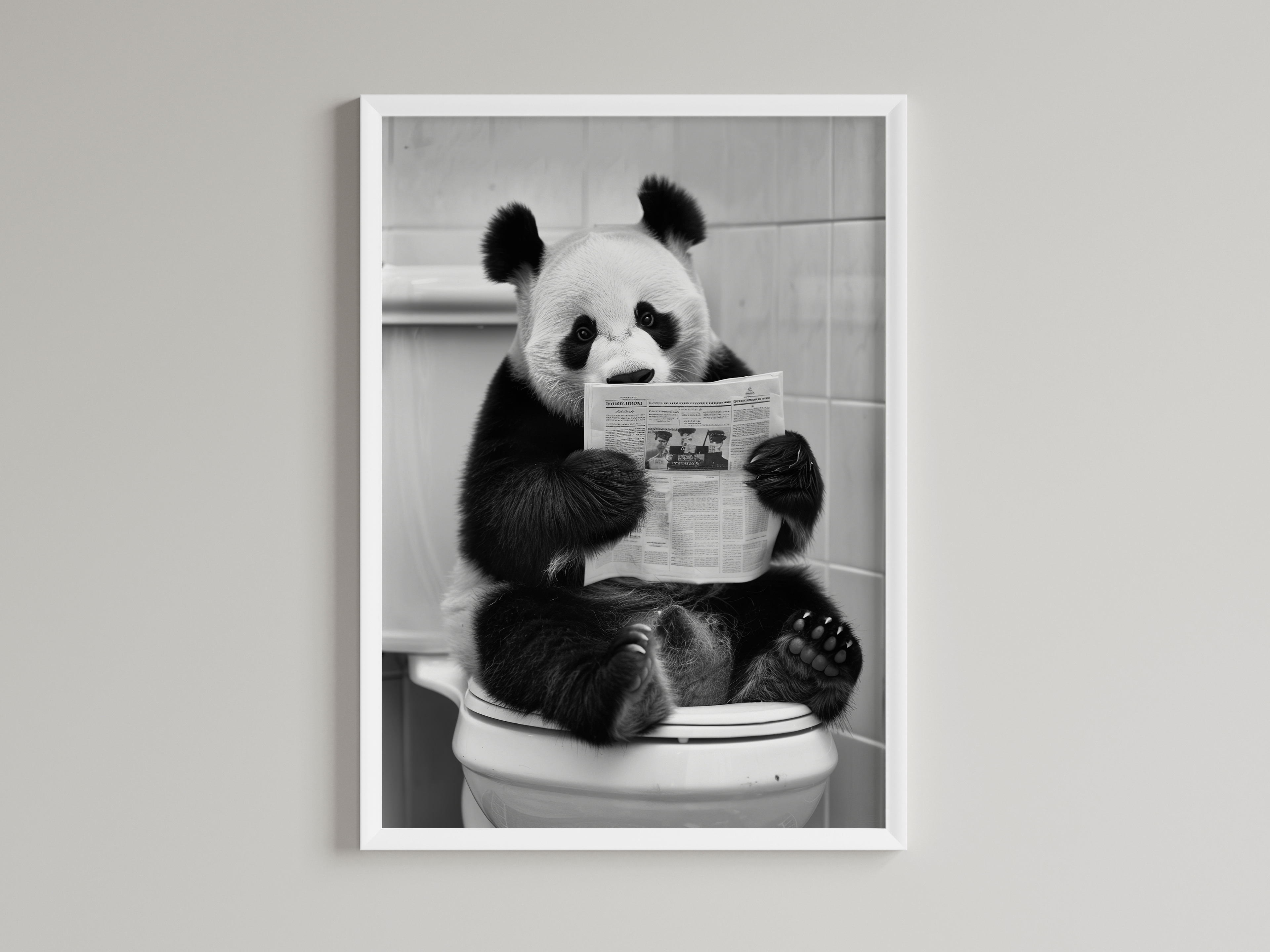 Panda Black And White On Toilet Print
