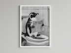 Penguin Black And White On Toilet Print Wall Art Print back view - printed product by Perrys Prints