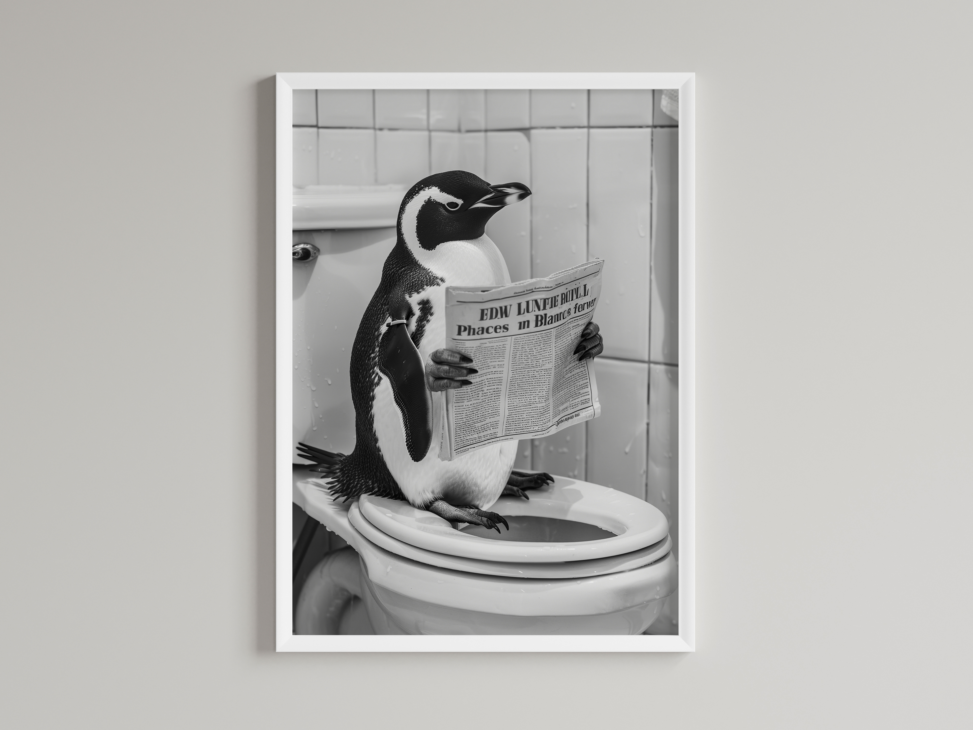 Penguin Black And White On Toilet Print