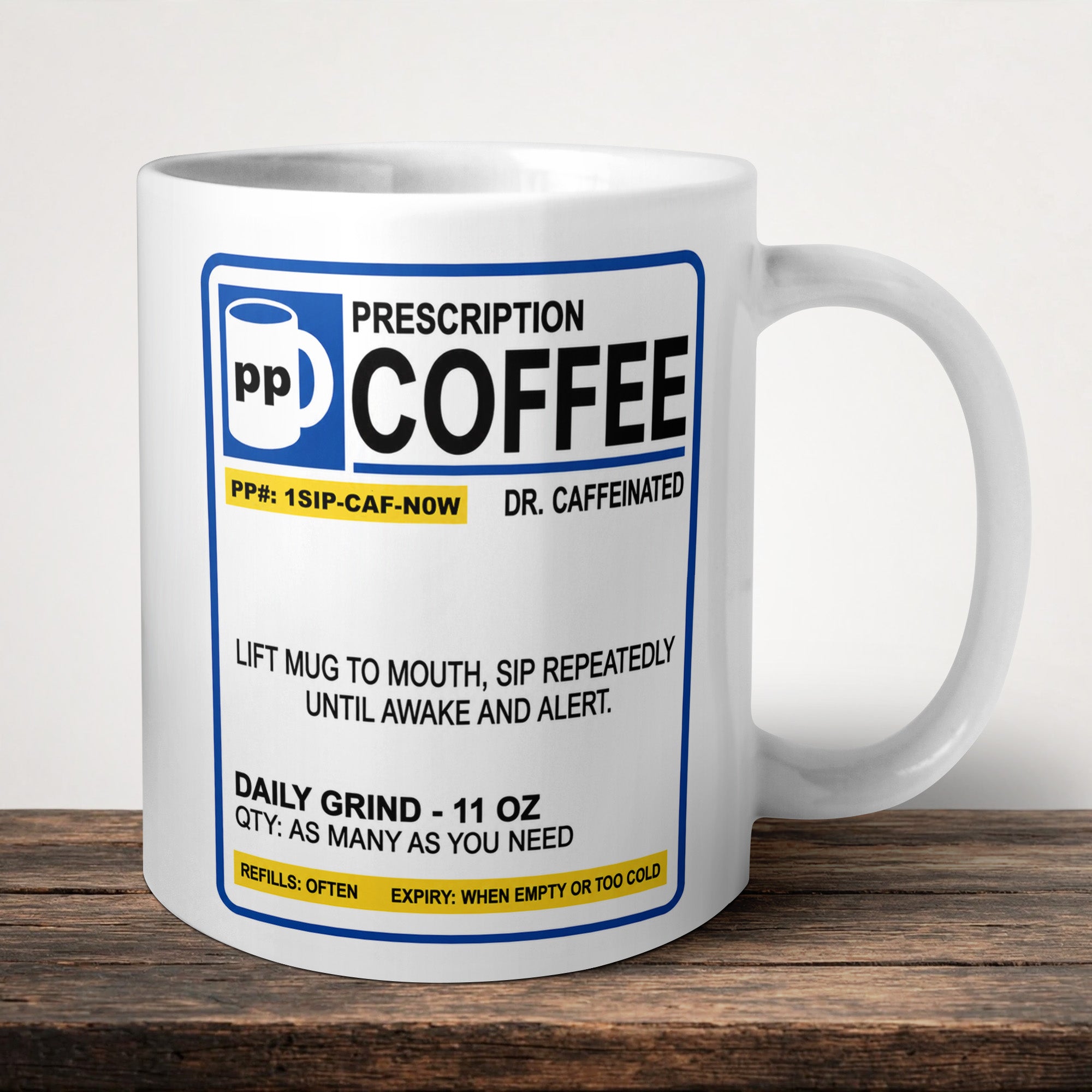 Prescription Personalised Coffee Mug front view - white ceramic printed mug by Perrys Prints