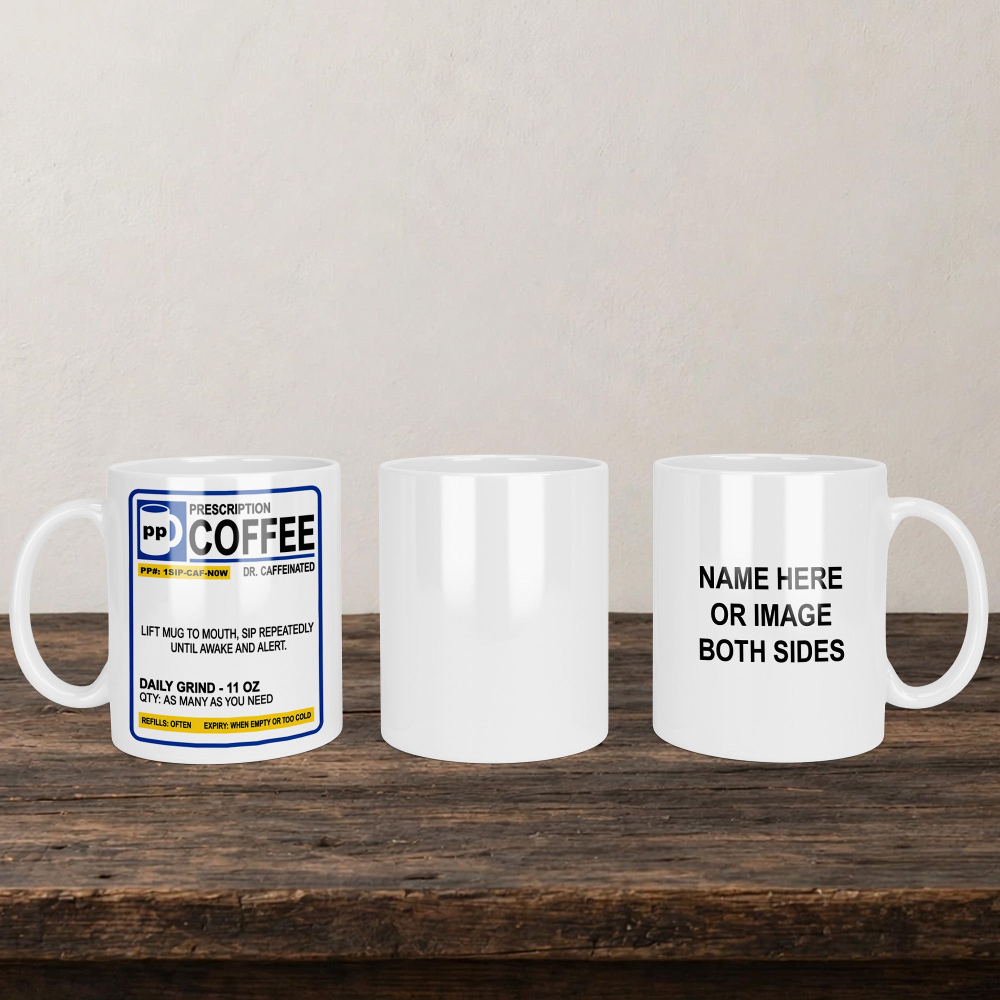 Prescription Personalised Coffee Mug back view - white ceramic printed mug by Perrys Prints