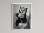 Red Panda Black And White On Toilet Print Wall Art Print back view - printed product by Perrys Prints