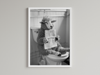 Sheep Black And White On Toilet Print Wall Art Print back view - printed product by Perrys Prints