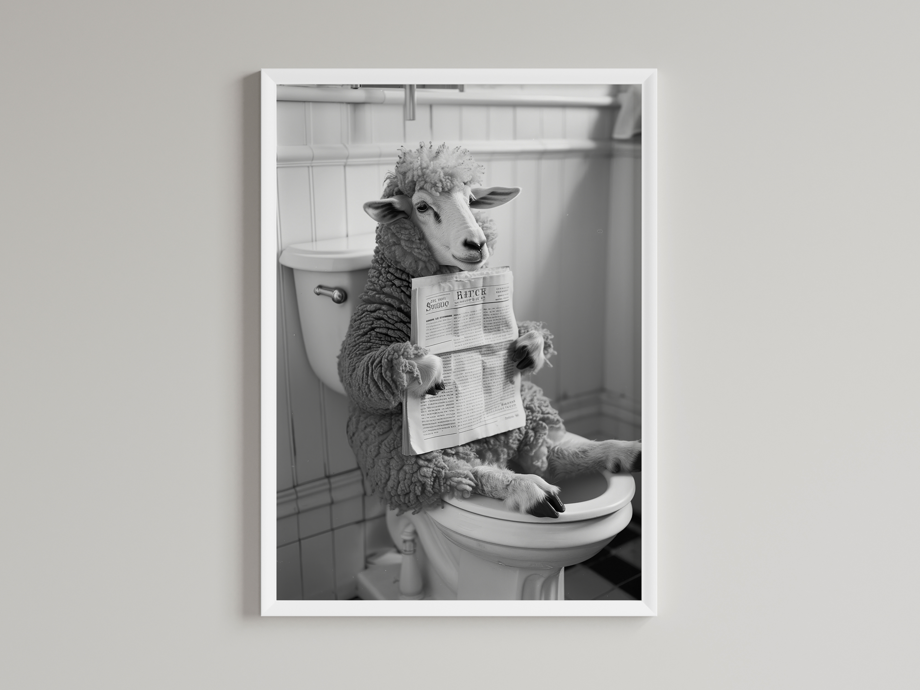 Sheep Black And White On Toilet Print