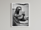 Sloth Black And White On Toilet Print Wall Art Print back view - printed product by Perrys Prints