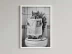 Squirrel Black And White On Toilet Print Wall Art Print back view - printed product by Perrys Prints