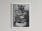 Tiger Black And White On Toilet Print Wall Art Print back view - printed product by Perrys Prints
