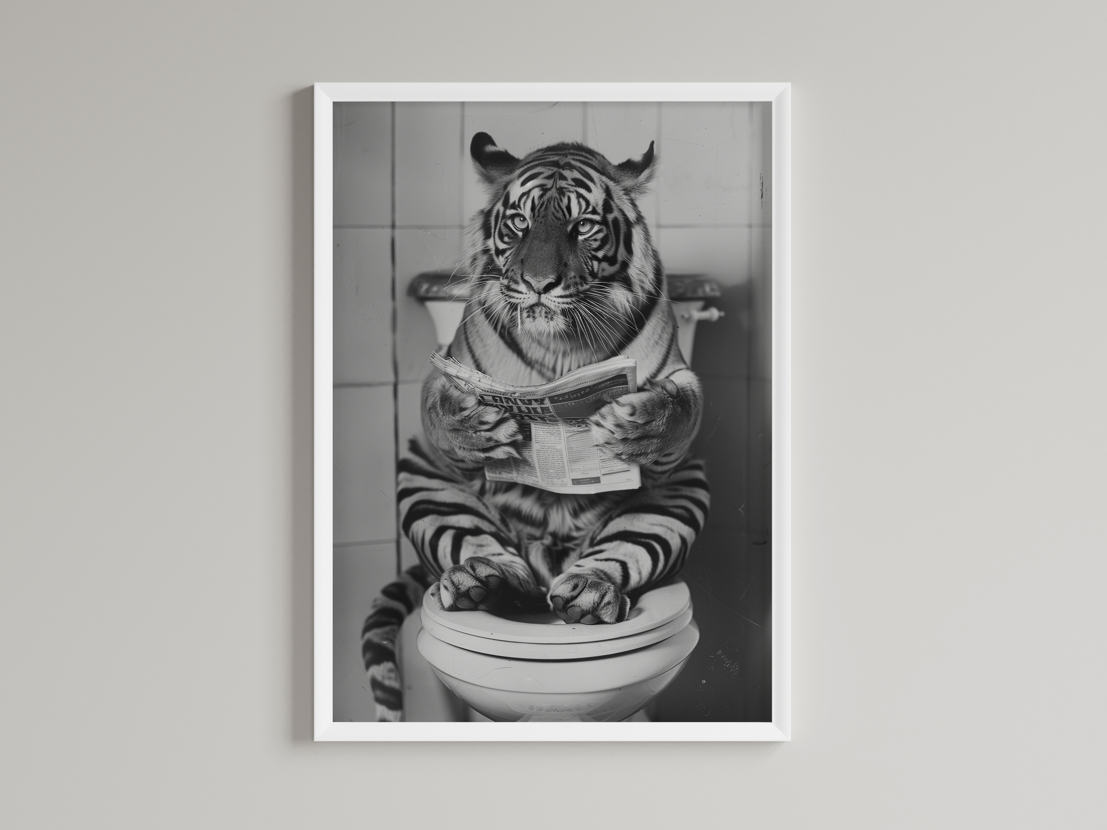 Tiger Black And White On Toilet Print