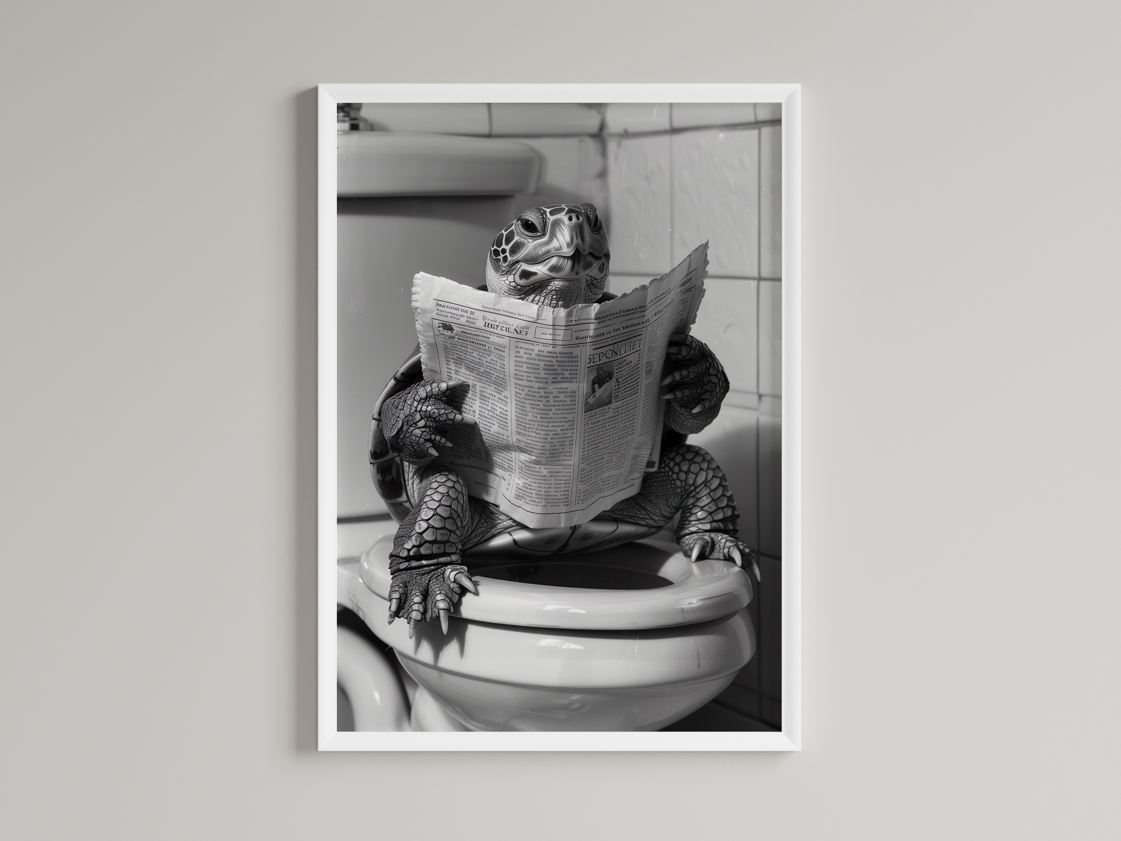 Turtle Black And White On Toilet Print Wall Art Print back view - printed product by Perrys Prints