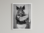 Wild Boar Black And White On Toilet Print Wall Art Print back view - printed product by Perrys Prints