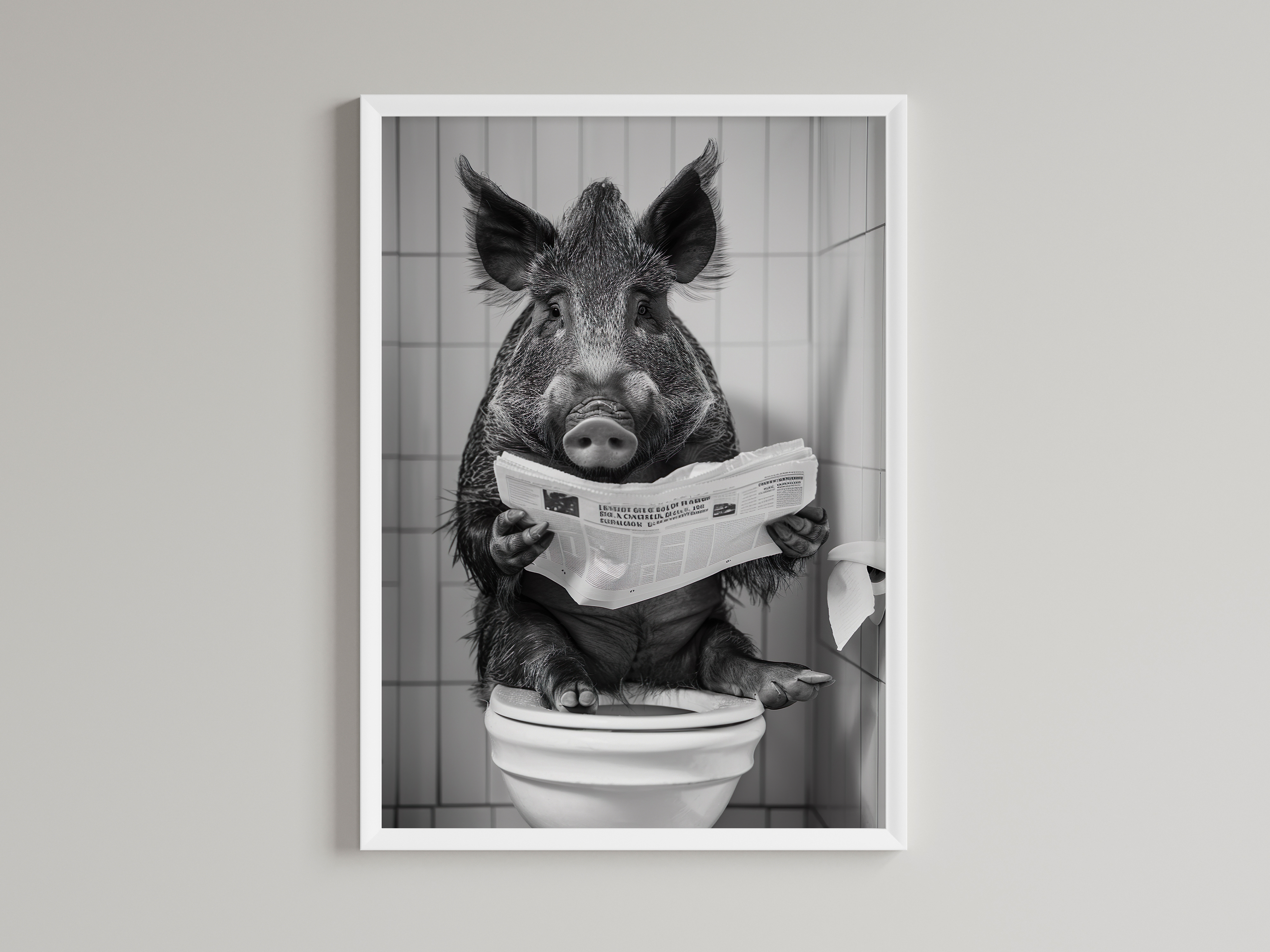 Wild Boar Black And White On Toilet Print Wall Art Print back view - printed product by Perrys Prints