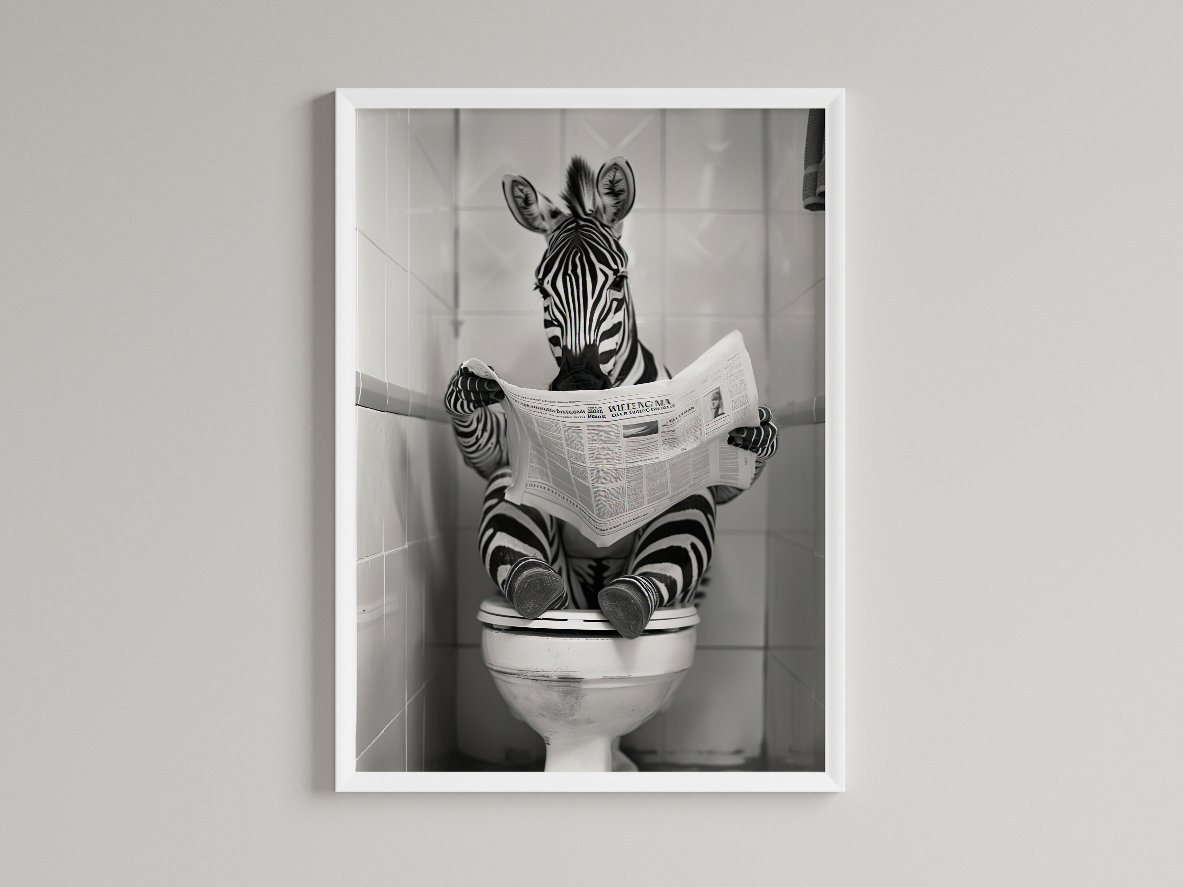 Zebra Black And White On Toilet Print Wall Art Print back view - printed product by Perrys Prints