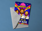 Congrats On AH AH AH AH Stayin Alive Personalised Card back view - funny greeting card by Perrys Prints