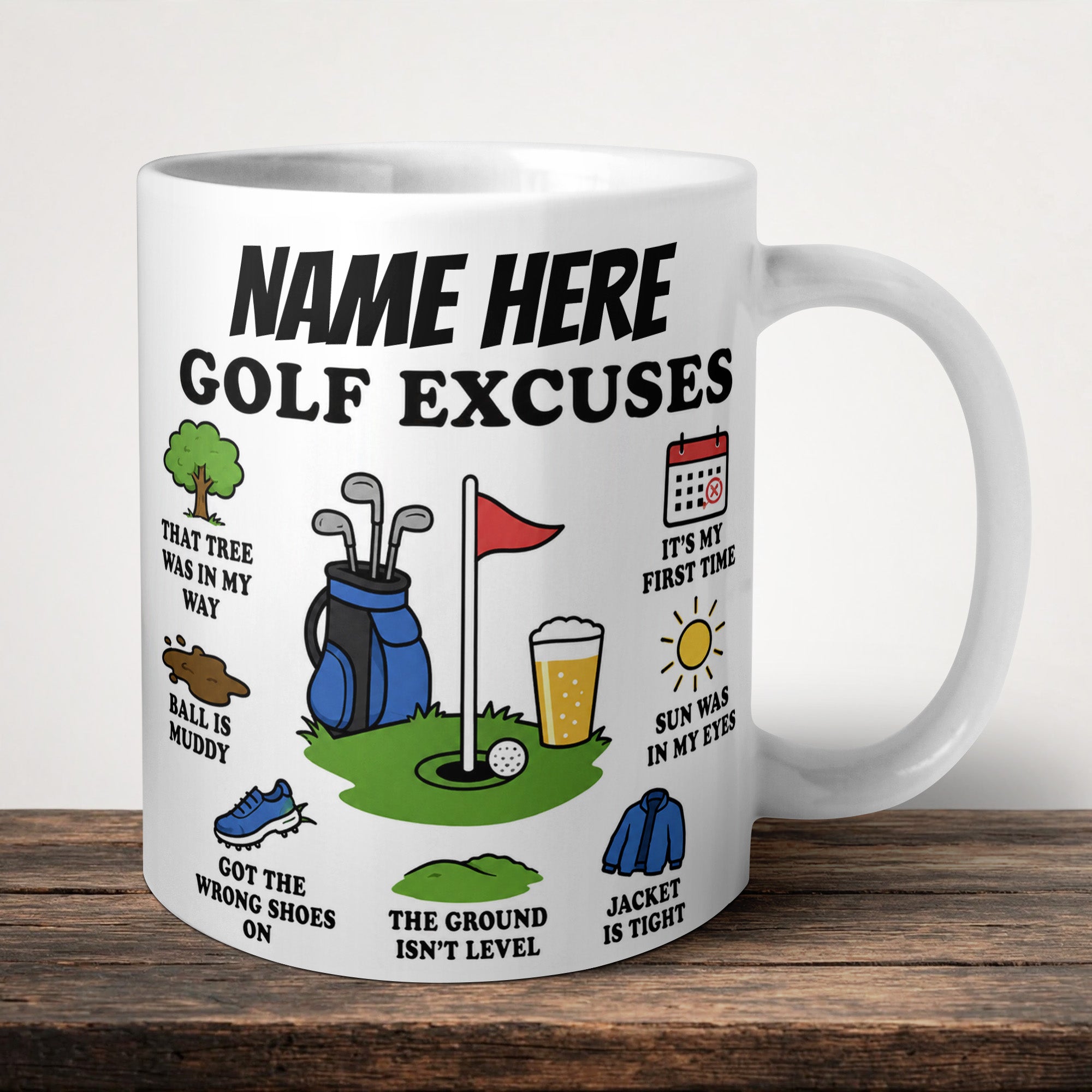 Golf Excuse Funny Personalised Mug front view - printed product by Perrys Prints
