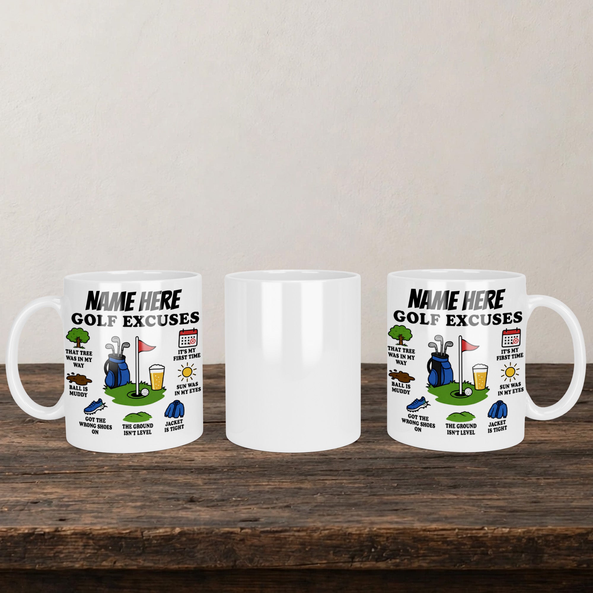 Golf Excuse Funny Personalised Mug back view - printed product by Perrys Prints