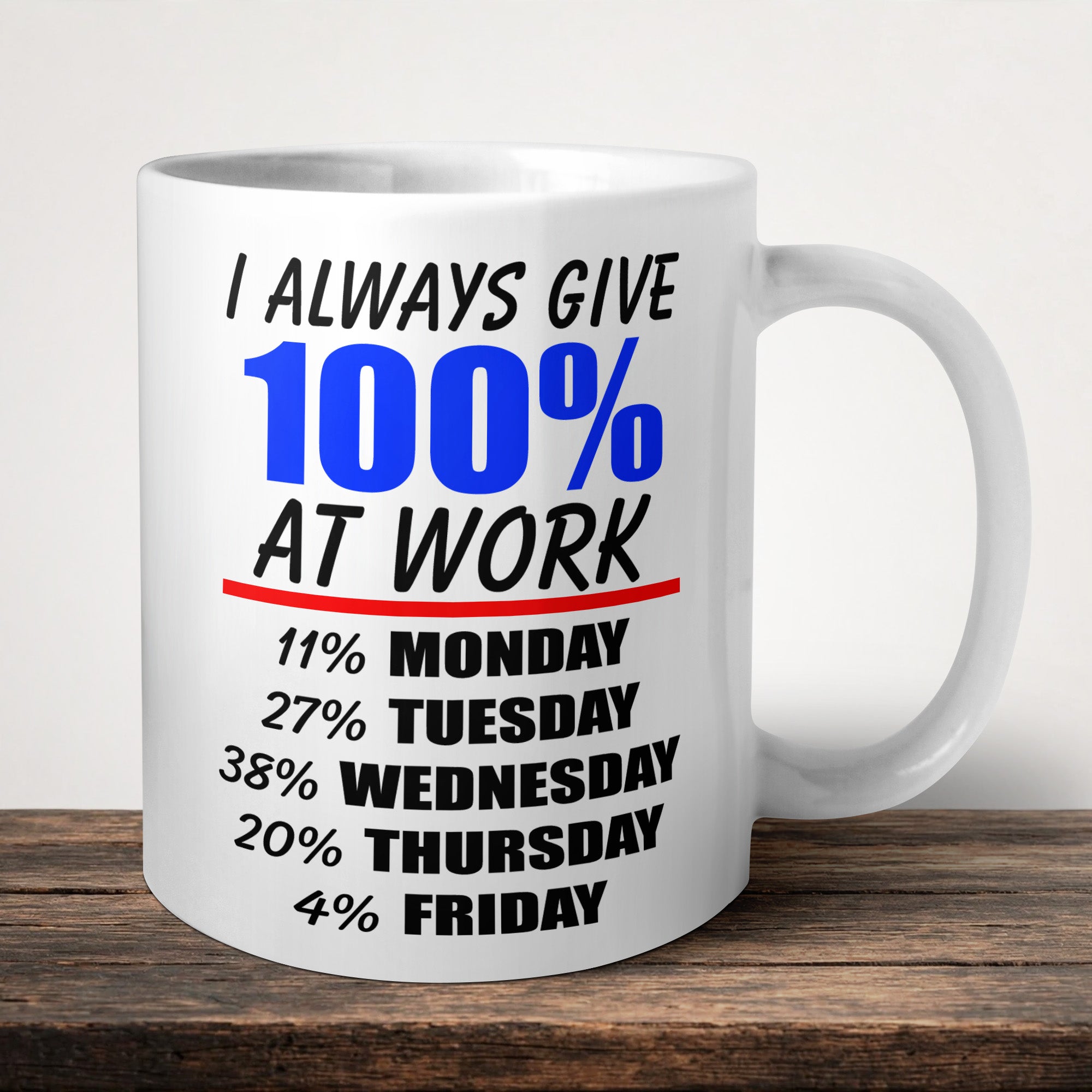 I Always Give 100% At Work Mug front view - white ceramic printed mug by Perrys Prints