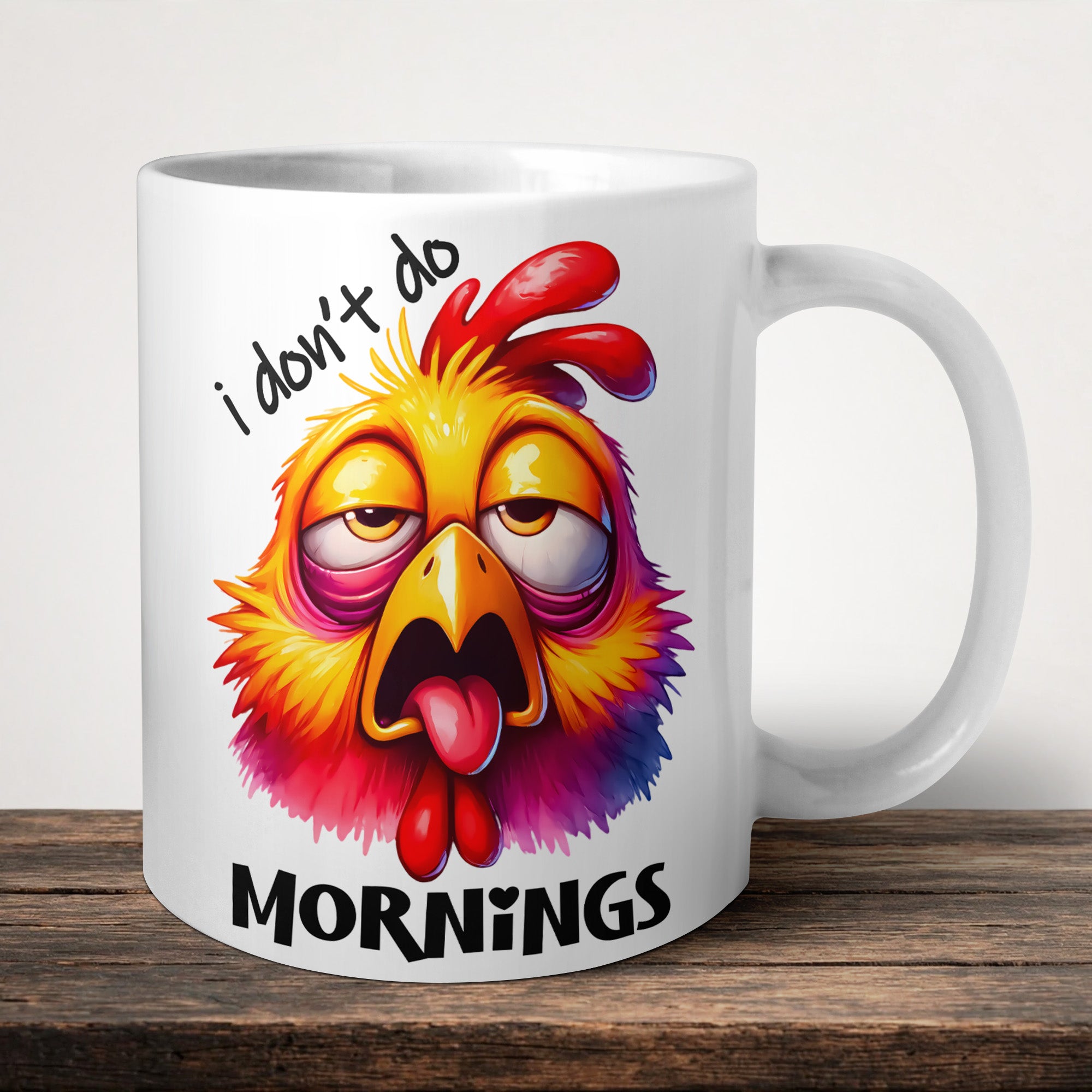 I Don't Do Mornings Mug front view - white ceramic printed mug by Perrys Prints