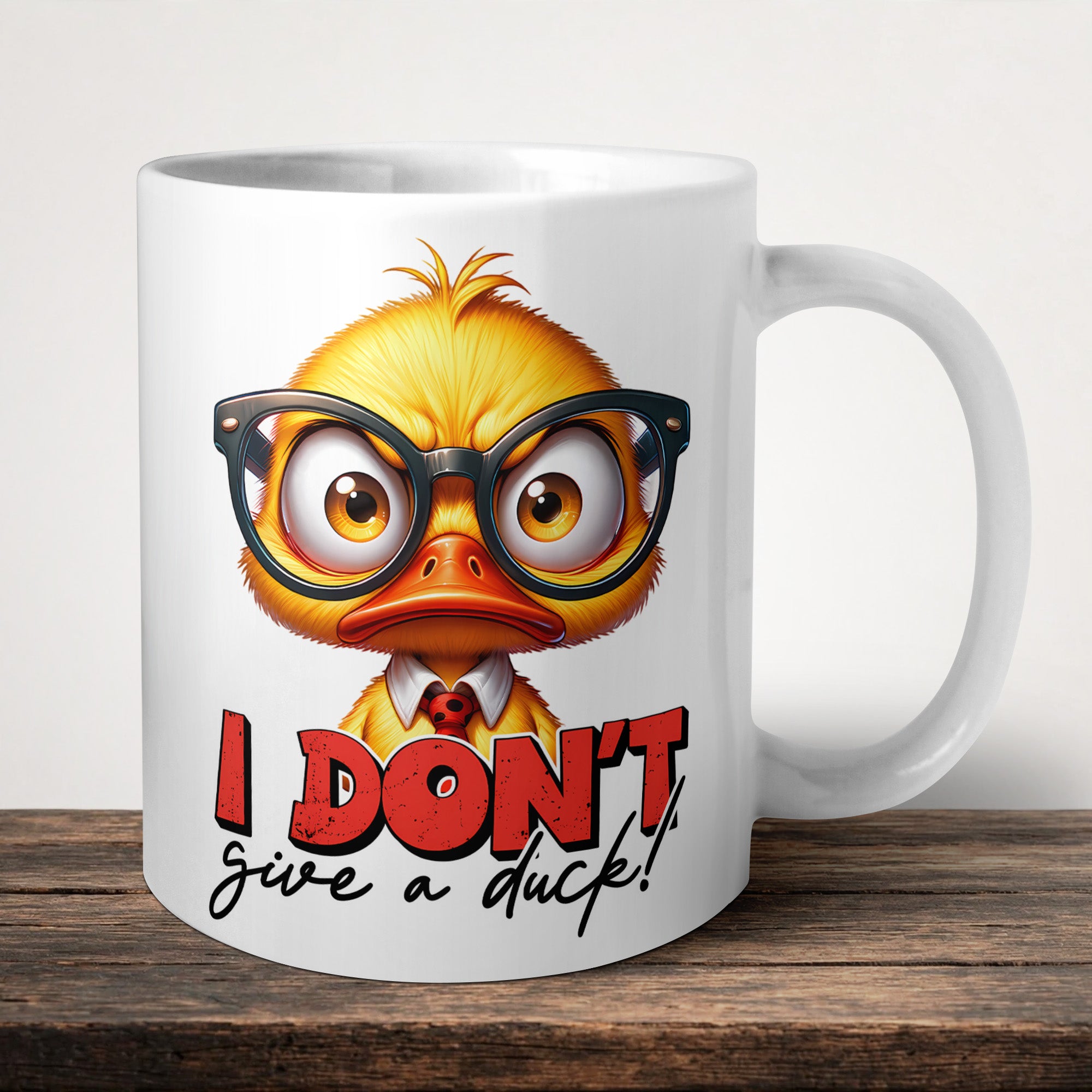 I Don't Give A Duck Mug front view - white ceramic printed mug by Perrys Prints